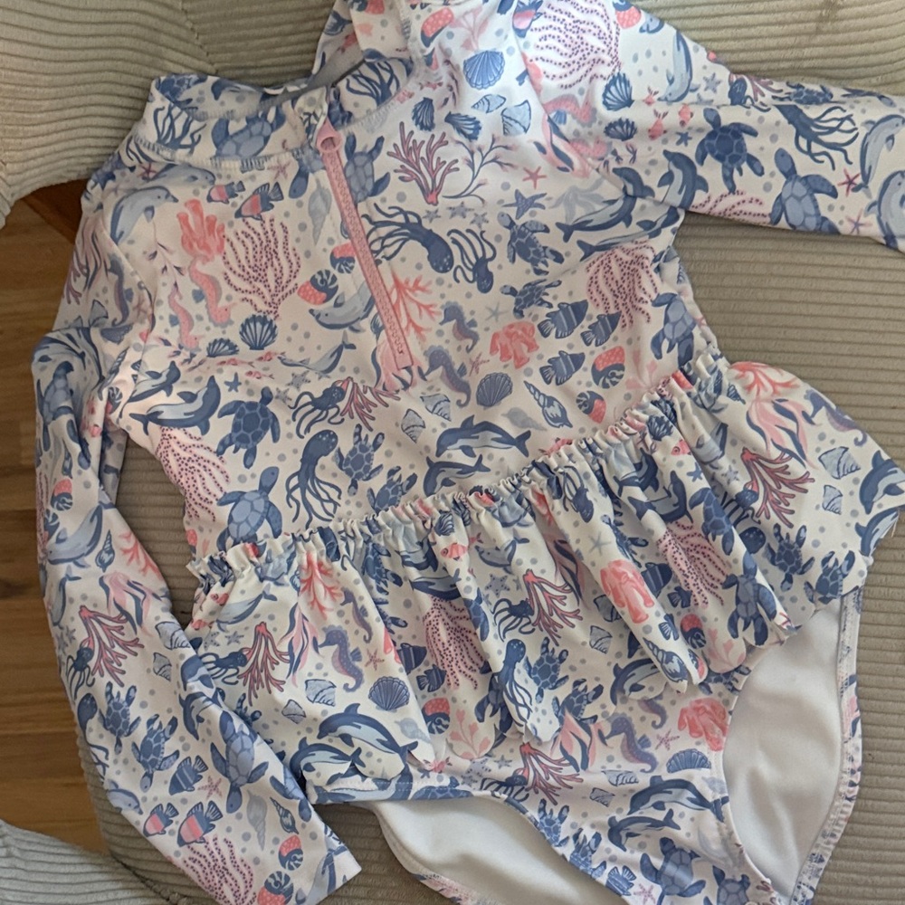 Cynthia Rowley Long Sleeve Rash Guard Swimsuit w/ skirt ruffle dolphin seahorse